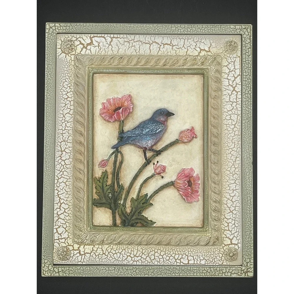 3pc Vtg Bird Wall Plaques Crackle Frame Bluebird Goldfinch Sparrow Art 8.5x7